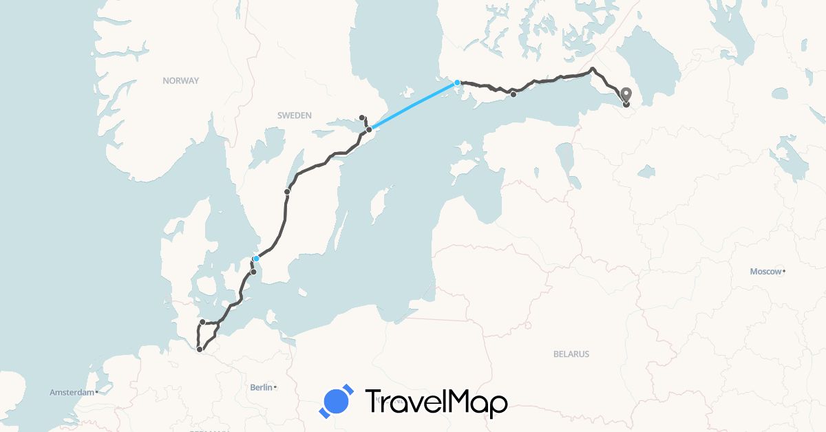 TravelMap itinerary: driving, boat, motorbike in Germany, Denmark, Finland, Russia, Sweden (Europe)